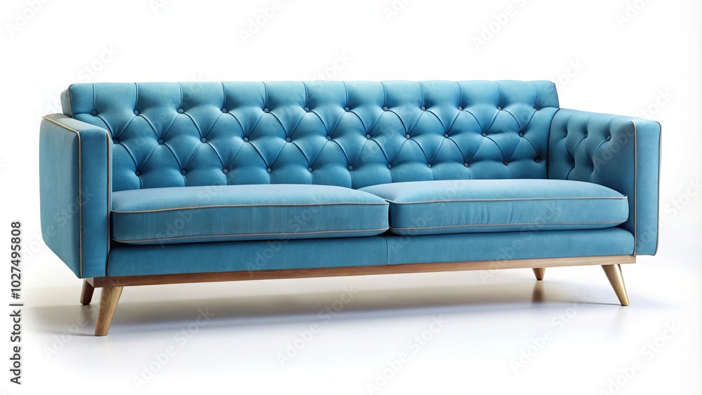 Fototapeta premium Contemporary blue buttoned sofa at tilted angle