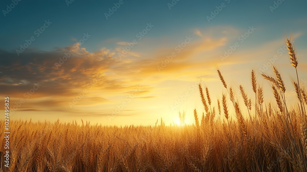 Golden Wheat Field at Sunrise Under Blue Sky Golden Wheat Field at Sunrise Under Blue Sky