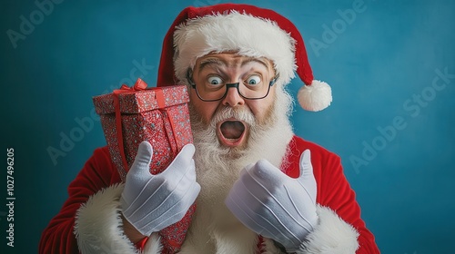 Capture the comical moment of Santa attempting to cram a massive gift into a tiny stocking, his expression conveying ironic shock photo