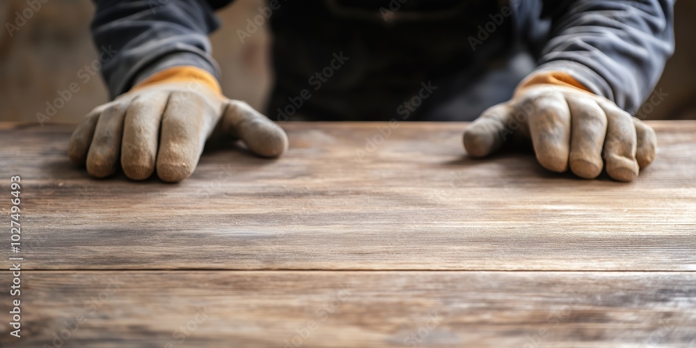 A meticulous worker wearing protective gloves is engaged in sanding or inspecting a wooden surface, demonstrating craftsmanship and attention to detail. A meticulous worker wearing protective gloves is engaged in sanding or inspecting a wooden surface, demonstrating craftsmanship and attention to detail.