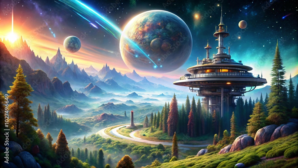 A futuristic space station overlooks a misty valley with a vibrant blue sky dotted with twinkling stars and a large planet in the background.  The station's sleek lines and glass panels reflect