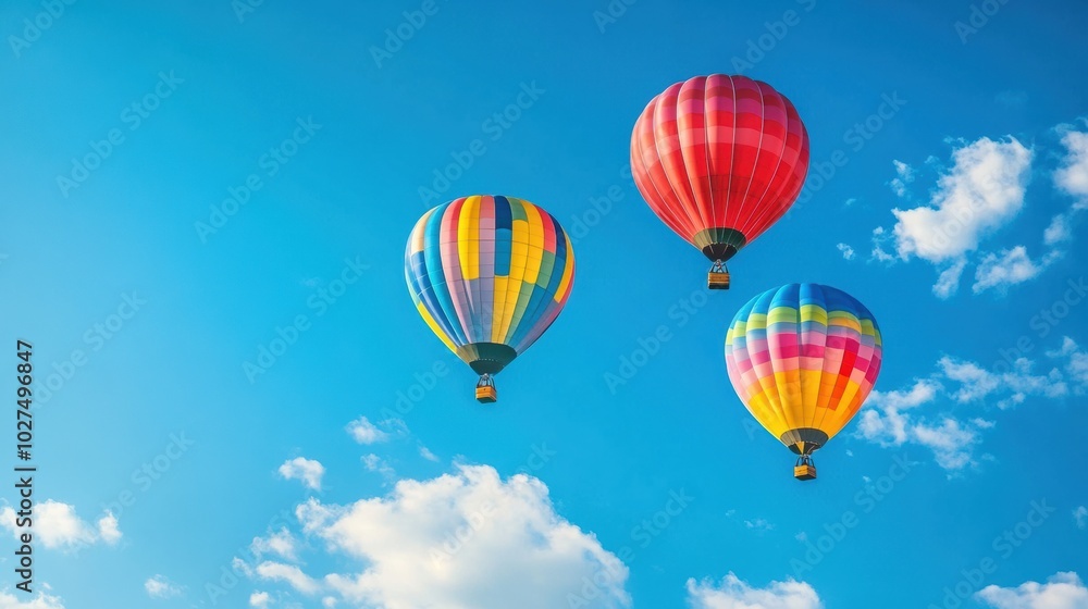 Fototapeta premium Three colorful hot air balloons float effortlessly against a bright blue sky, creating a cheerful and uplifting sight on a sunny day. Generative AI