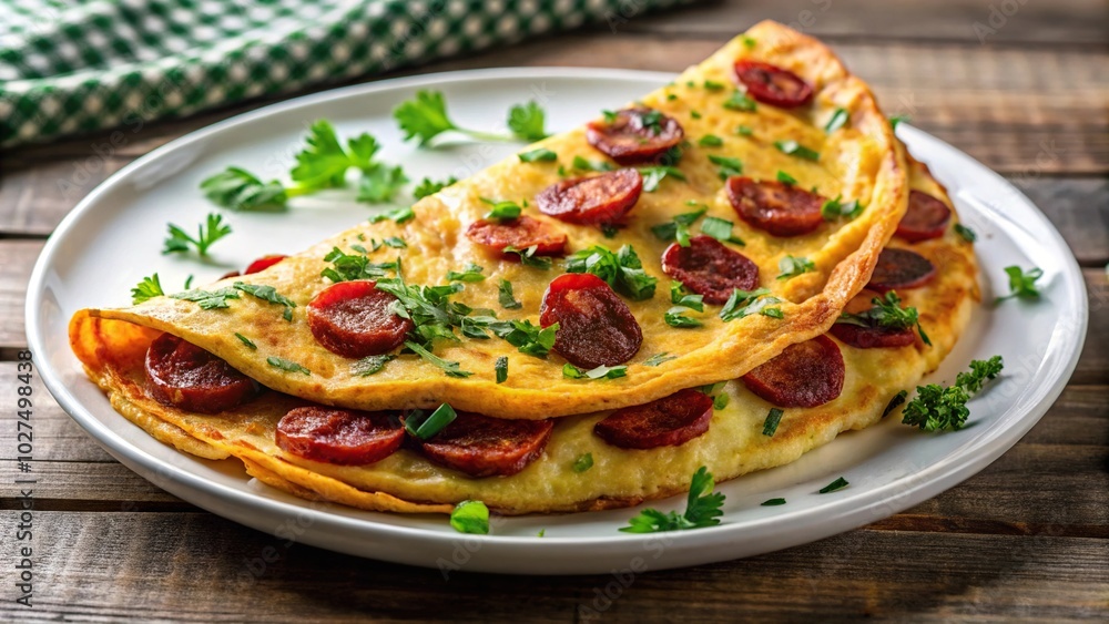 Cooked chorizo omelette garnished with herbs on a white plate Cooked chorizo omelette garnished with herbs on a white plate