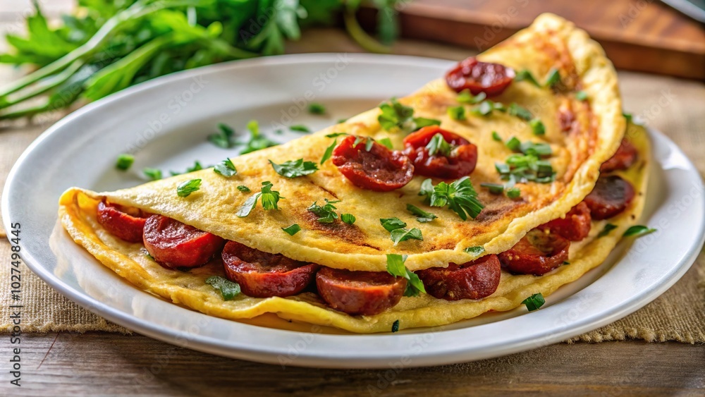 Cooked chorizo omelette garnished with herbs on white plate Cooked chorizo omelette garnished with herbs on white plate