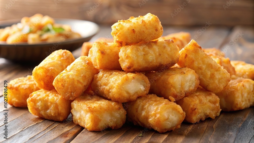 Cooked hashbrown with tator tot soldiers on a plate Cooked hashbrown with tator tot soldiers on a plate