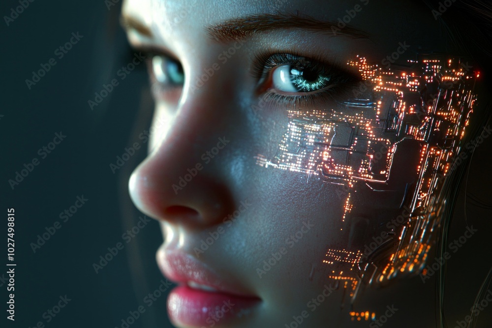 A close-up of the face of an android woman with glowing digital circuitry on her skin, rendered in hyper-realistic detail and illuminated by dramatic lighting A close-up of the face of an android woman with glowing digital circuitry on her skin, rendered in hyper-realistic detail and illuminated by dramatic lighting