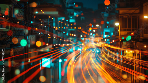 Colorful light trails illuminate a bustling city street at night, showcasing vibrant urban life and busy traffic