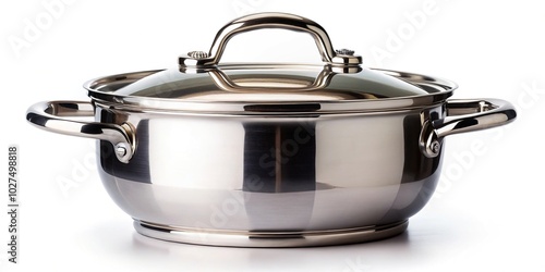Cookware made from stainless steel with a shiny appearance seen from a worm's eye view