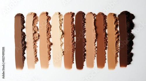 Foundation swatches in various shades, arranged in vertical stripes, showcasing a gradient of skin tones from light to dark. photo