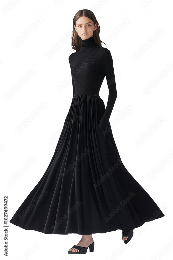 Elegant Woman Posing in Black Turtleneck Dress. Elegant Woman Posing in Black Turtleneck Dress.