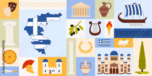 Travel to Greece, geometric color collage design. Ancient Greek culture elements and ethnic pattern, map and flag, Santorini building and Pantheon temple, food in square cartoon vector illustration