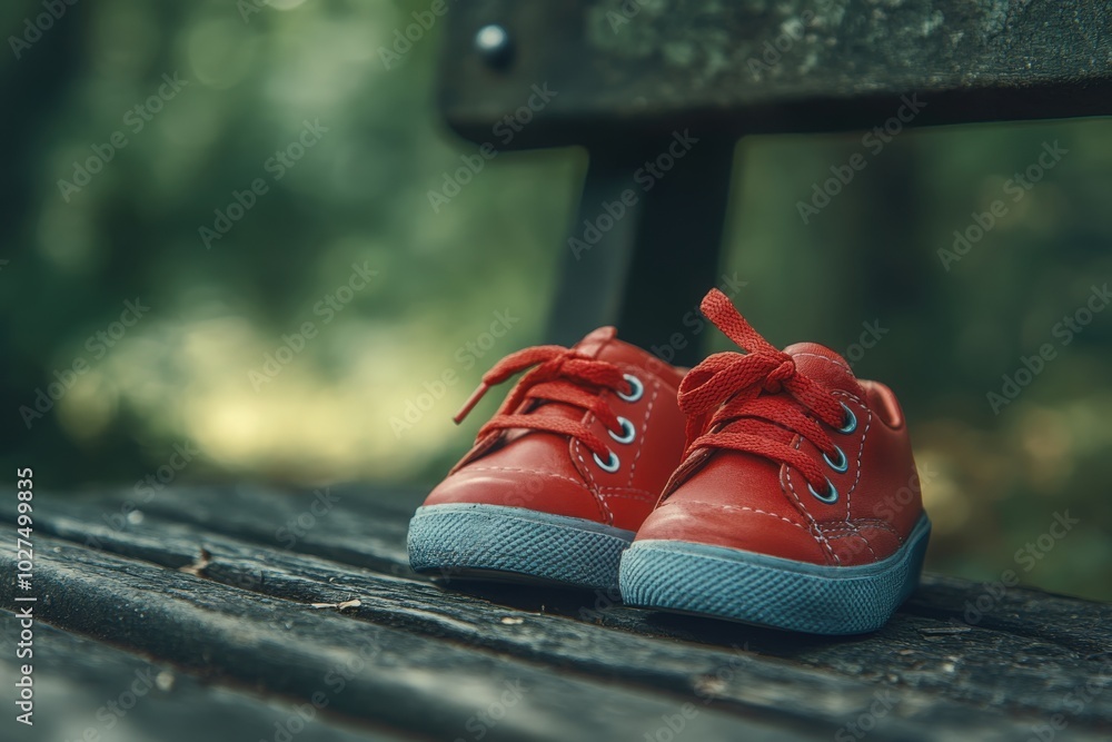 Bright red children's shoes resting on a wooden bench in a serene park setting Bright red children's shoes resting on a wooden bench in a serene park setting