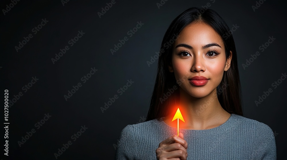Obraz premium Confident Young Woman Holding Upward Arrow Symbol