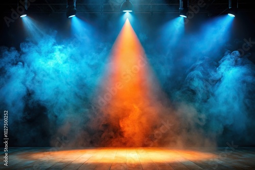 Cool icy blue smoke on stage under bright orange spotlight against black background