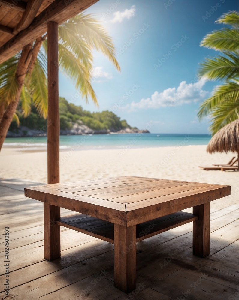 Fototapeta premium wooden table on a deck sandy tropical beach with coconut tree for presentation product on sunny day portrait