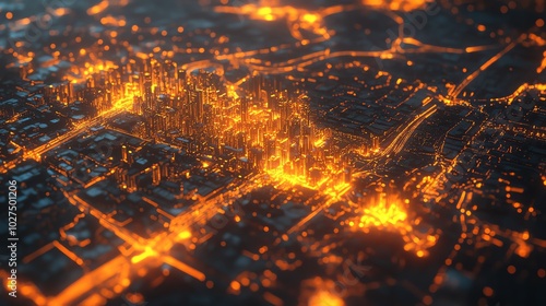 The illuminated regions are highlighted in vibrant orange, representing cities or populated areas. photo