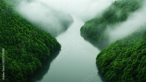 A quiet river running through a foggy forest, with soft mist hanging in the air and the sound of water gently flowing over rocks