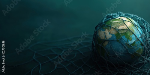 Artistic representation of a globe covered with a net, set against a dark background, symbolizing the interconnected and fragile state of the planet Earth. photo