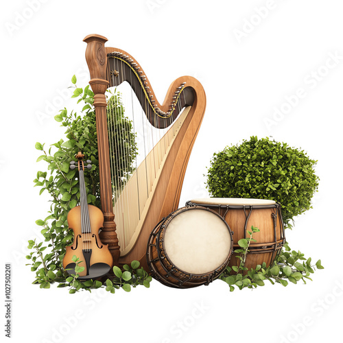 Musical instruments with green plants on white isolated background. photo