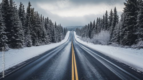 A lonely highway stretching into the distance, lined with snow-covered trees, under an overcast winter sky