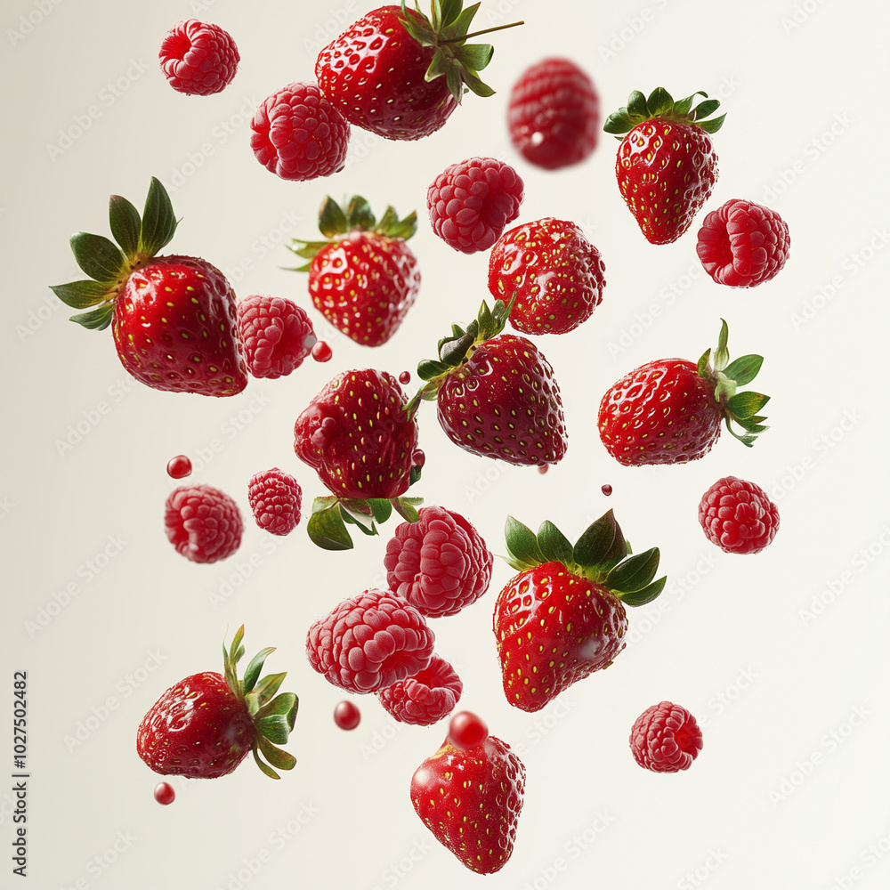 Floating Strawberries and Raspberries on White Background Floating Strawberries and Raspberries on White Background
