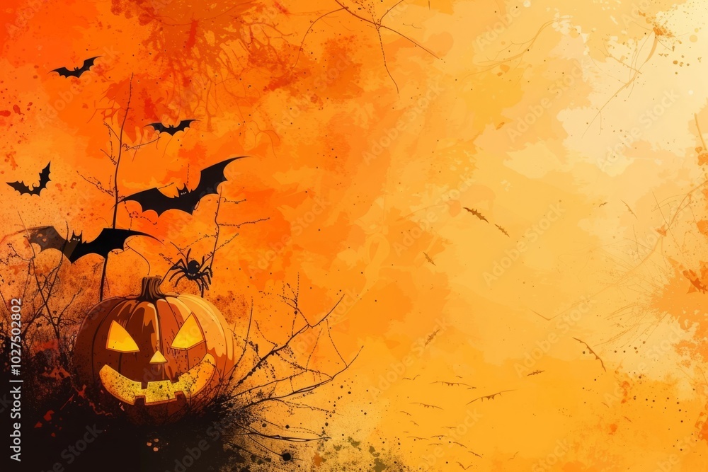 A Halloween themed poster with a pumpkin and bats A Halloween themed poster with a pumpkin and bats