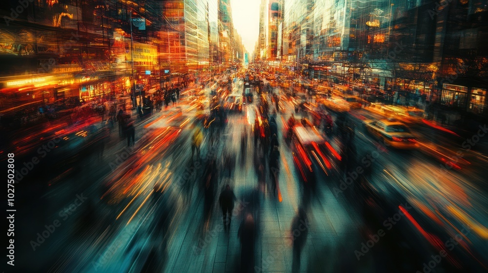 Blurred long-exposure of busy street life, showcasing the continuous flow of people and traffic in an urban setting, 