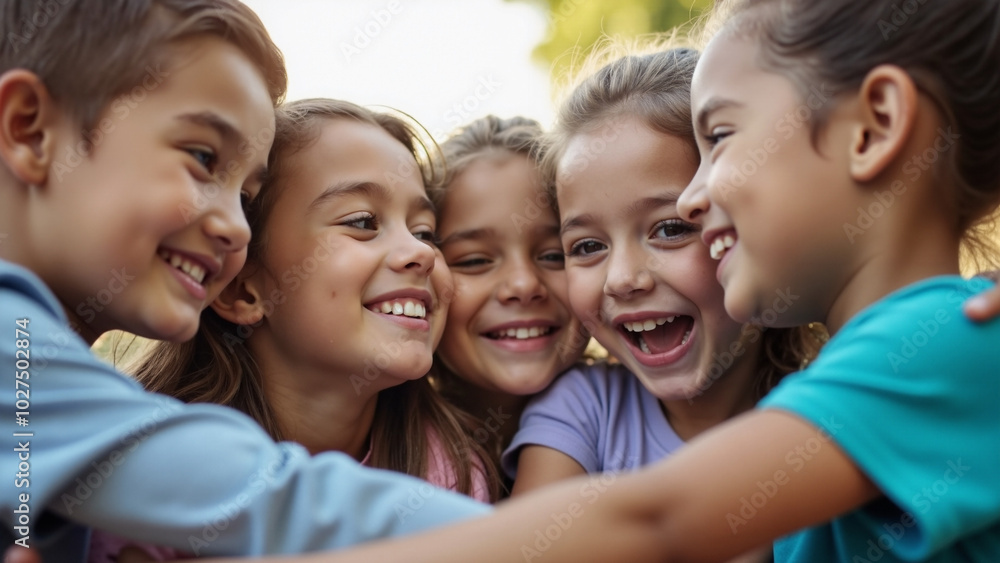 Diverse children huddling in school playground: Education, community support, and teamwork concept for youth programs Diverse children huddling in school playground: Education, community support, and teamwork concept for youth programs