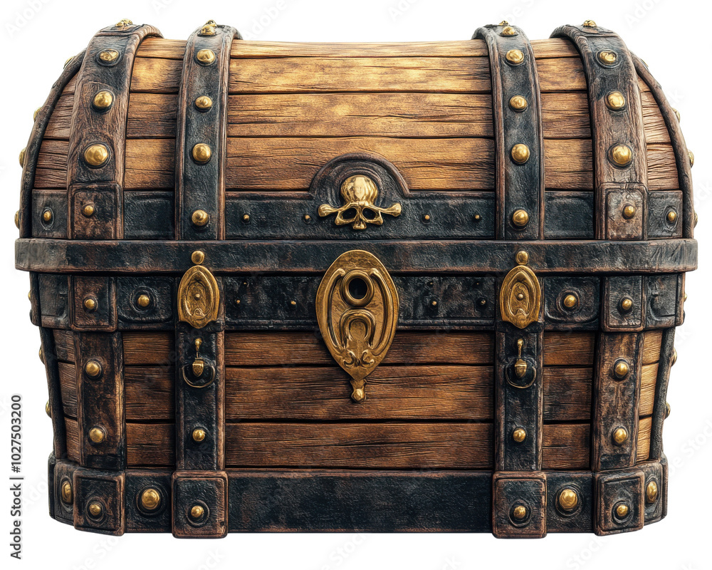 Fototapeta premium Antique treasure chest with rustic design and intricate metal details, isolated on white background.