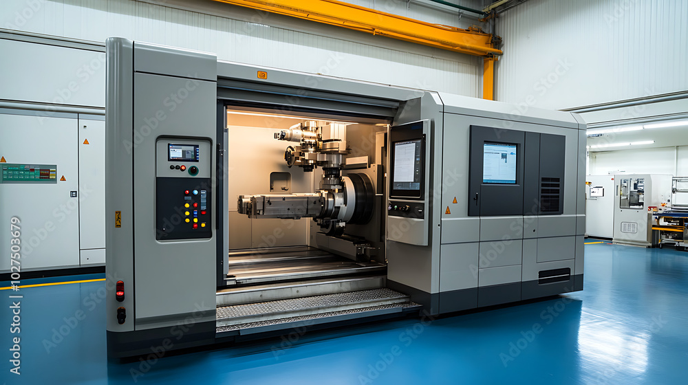 Technician Repairing a CNC Machine: Inside a precision manufacturing plant, a technician is working on a CNC machine, with its panels open. Technician Repairing a CNC Machine: Inside a precision manufacturing plant, a technician is working on a CNC machine, with its panels open.