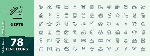 Set of minimalist line icons related to gift. Surprise, gift, award, celebrate, present, and so on. Vector outline icons set.