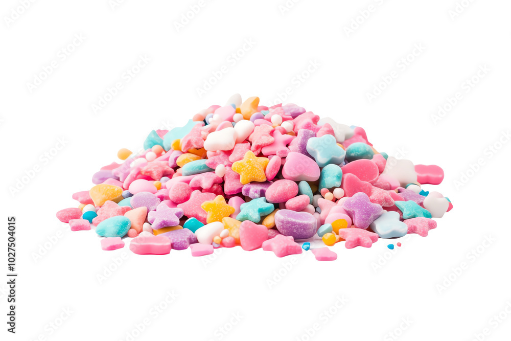 Colorful candy pile with heart and star shapes on white background. Colorful candy pile with heart and star shapes on white background.