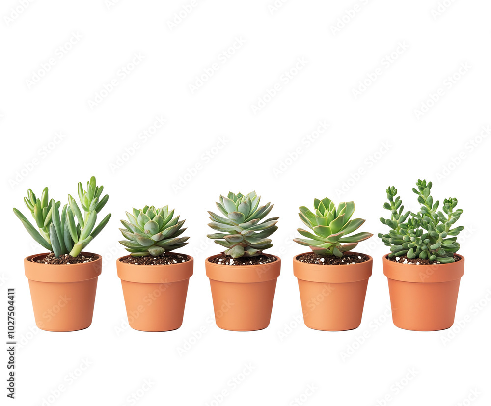 Five potted succulents in a row, white isolate background Five potted succulents in a row, white isolate background