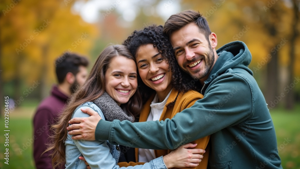 Happy diverse group hugs in park: Community teamwork, solidarity in nature. Perfect for social campaigns, NGO ads. Happy diverse group hugs in park: Community teamwork, solidarity in nature. Perfect for social campaigns, NGO ads.