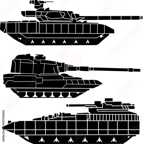 This image features three distinct tank silhouettes, each showcasing unique designs and turret configurations, emphasizing their military capabilities and heavy armor.