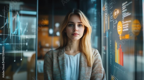 Business woman with startup, featuring a dynamic professional in a modern office or co-working space, surrounded by growth charts, brainstorming sessions, 