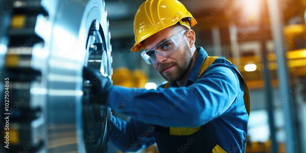 An engineer wearing safety gear inspects a large machine component in an industrial facility, showcasing focus and precision in engineering work. An engineer wearing safety gear inspects a large machine component in an industrial facility, showcasing focus and precision in engineering work.