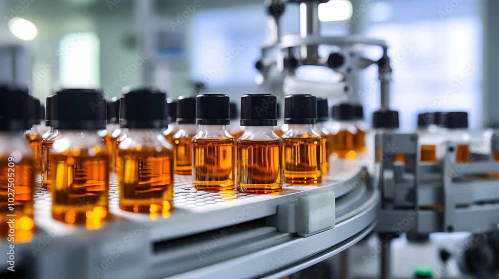 Pharmaceutical Production Line with Orange Liquid Vials Pharmaceutical Production Line with Orange Liquid Vials