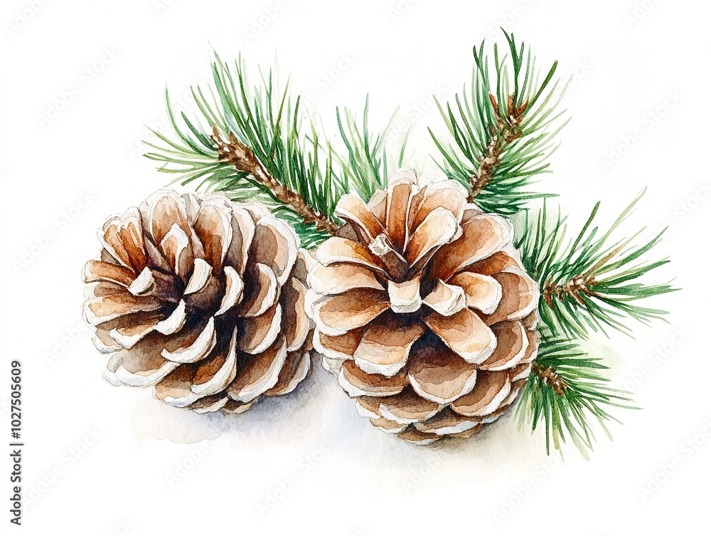 Watercolor illustration of two pine cones with a pine branch, natural tones, white background. Watercolor illustration of two pine cones with a pine branch, natural tones, white background.