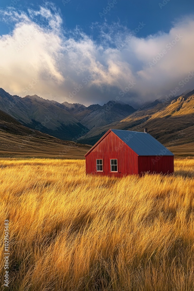A red house in the middle of the New Zealand mountains, with dramatic sky, and grassy field. A red house in the middle of the New Zealand mountains, with dramatic sky, and grassy field.