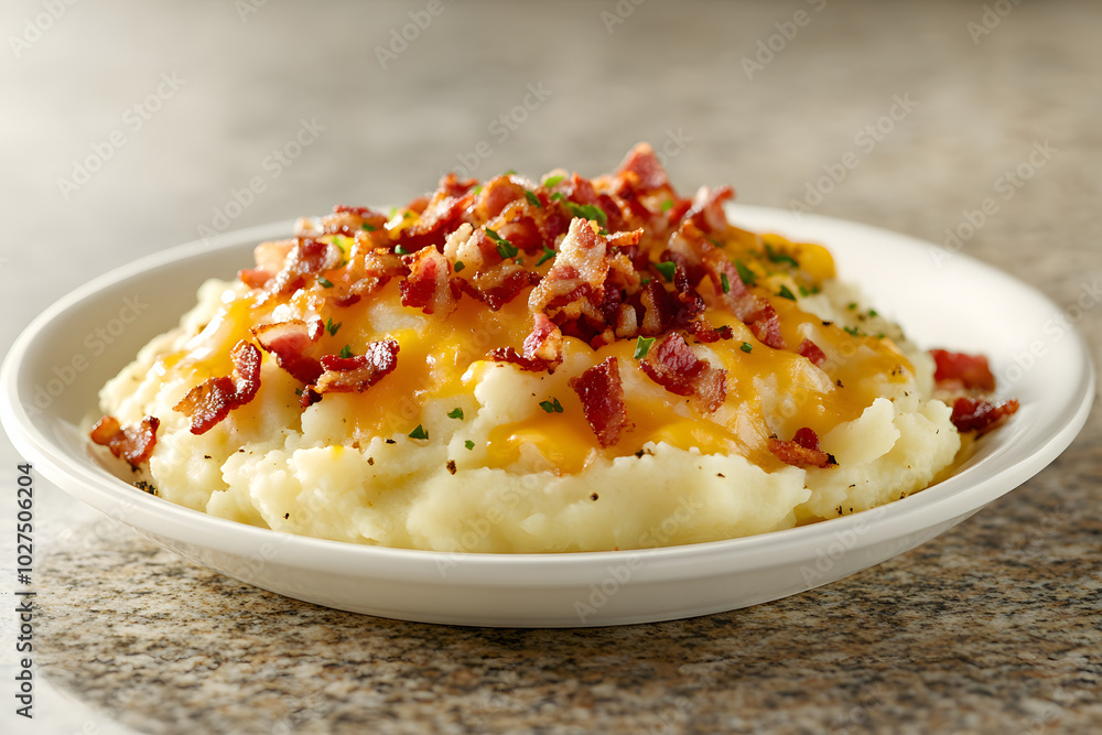 Mashed potatoes with seasonal vegetables on white plate. Mashed potatoes with seasonal vegetables on white plate.