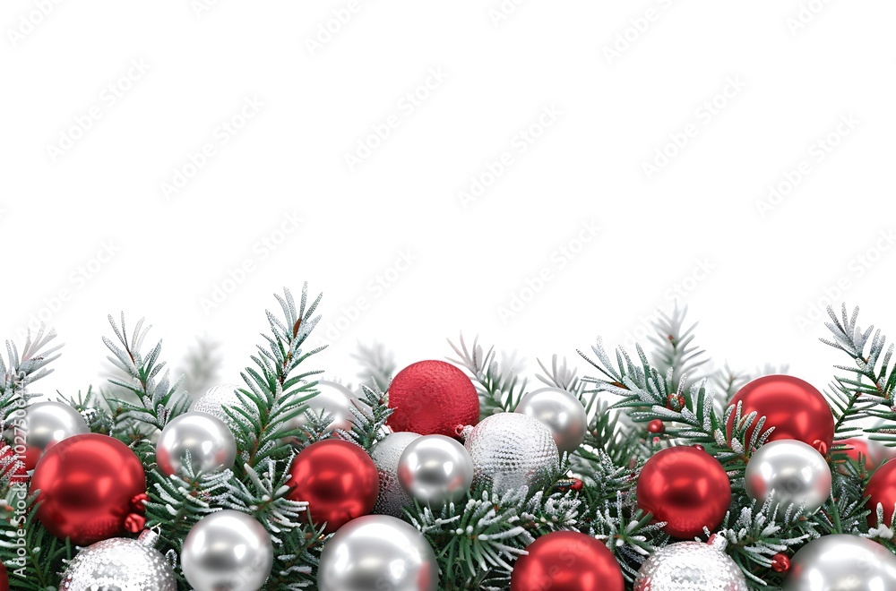 Festive Christmas Ornaments on Green Pine Branches Festive Christmas Ornaments on Green Pine Branches