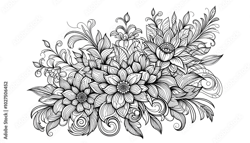 Fototapeta premium Intricate Black and White Floral Design Sketch with Leaves. generative AI