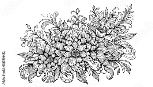 Intricate Black and White Floral Design Sketch with Leaves. generative AI