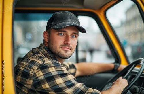 A young man in a checked shirt drives a vintage yellow vehicle in the city on a cloudy day