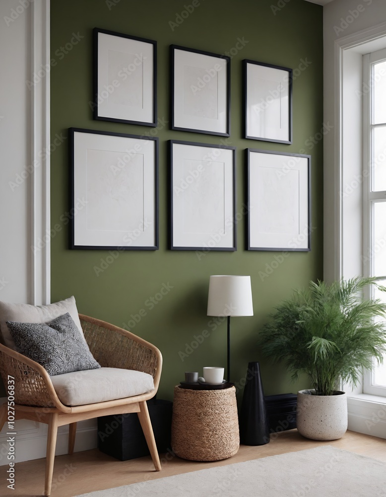 Fototapeta premium A modern living room interior design with a mock-up template, an empty poster frame on a wall 3d illustration, and an interior design mock-up image.