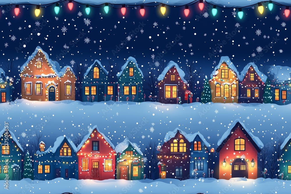 Fototapeta premium A charming illustration of a snow-covered village at night during the holiday season. Rows of colorful houses are adorned with glowing Christmas lights, while large snowflakes gently fall from the sky