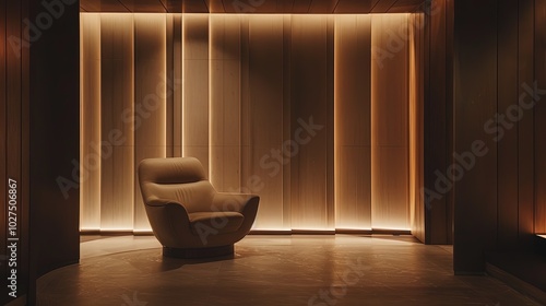 futuristic architectural image of a sitting area in an upscale hotel, brown and subtle beige tones, moody lighting, cinematic, generative Ai  photo