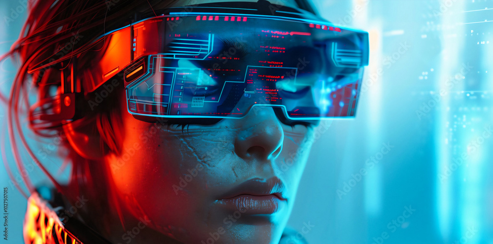 A futuristic woman wearing smart glasses with holographic data and information floating in front of her face. A futuristic woman wearing smart glasses with holographic data and information floating in front of her face.