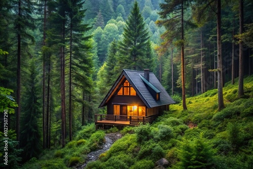 Cozy dwelling surrounded by lush forest in the wilderness